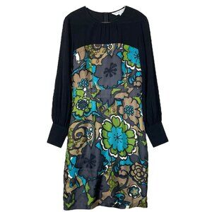 Trina Turk Silk Floral Sheer Panel Cocktail Dress Black Brown Gray Green Size 2